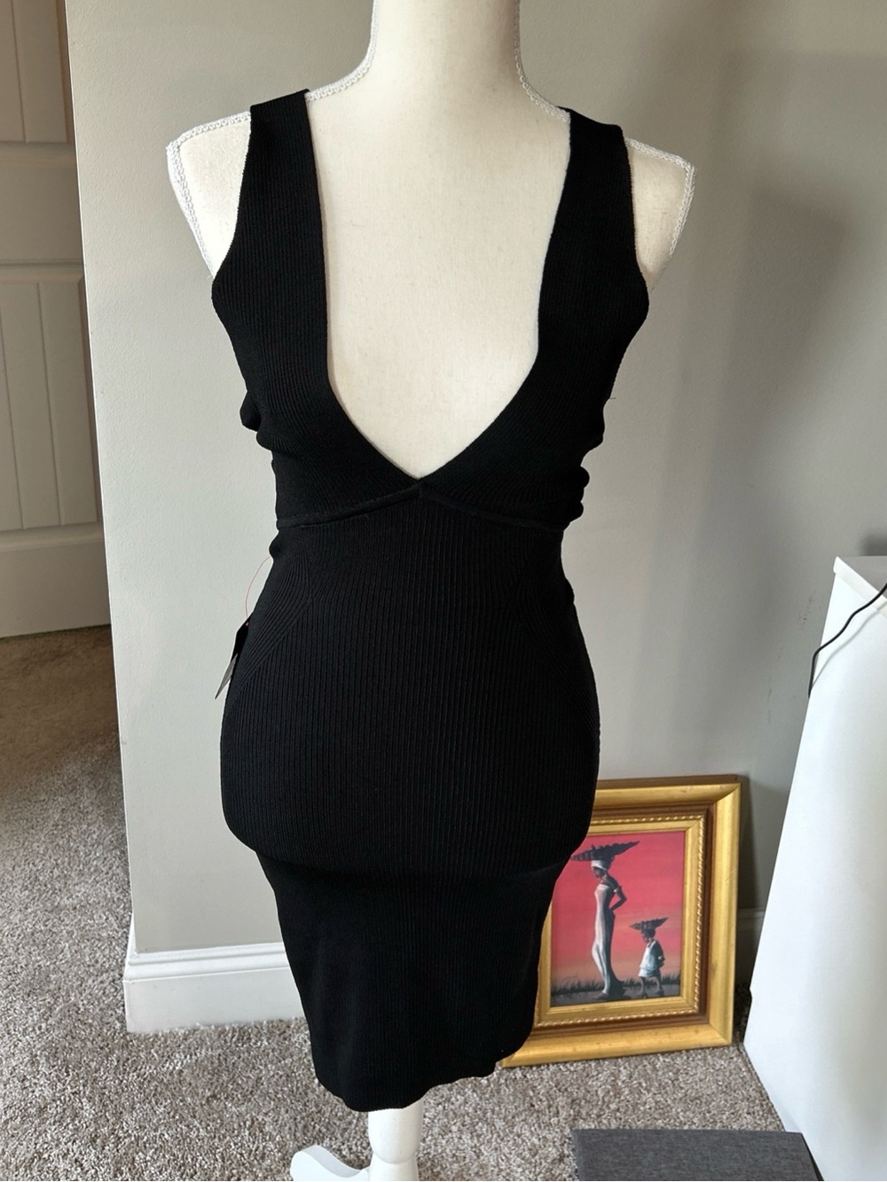NWT Bebe Black Ribbed Deep V Bodycon Mini Dress Sz S